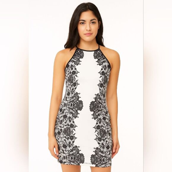 B. Darlin Black Ivory Lace Illusion Bodycon Dress Size M Sleeveless Mini Cocktai - Picture 1 of 6